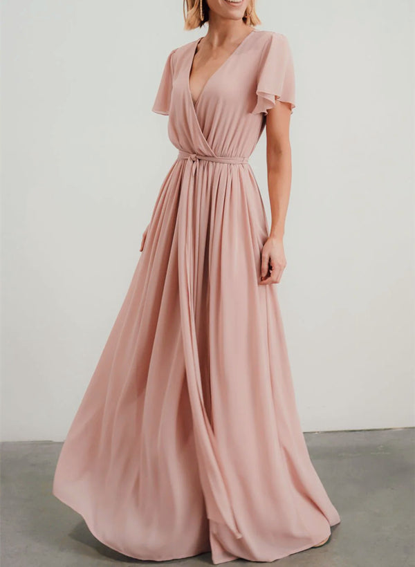 A-Line V-neck Short Sleeves Chiffon Floor-Length Bridesmaid Dress With Bows