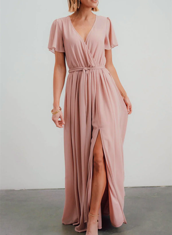 A-Line V-neck Short Sleeves Chiffon Floor-Length Bridesmaid Dress With Bows