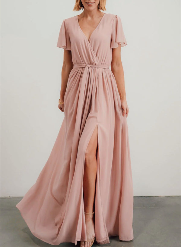 A-Line V-neck Short Sleeves Chiffon Floor-Length Bridesmaid Dress With Bows