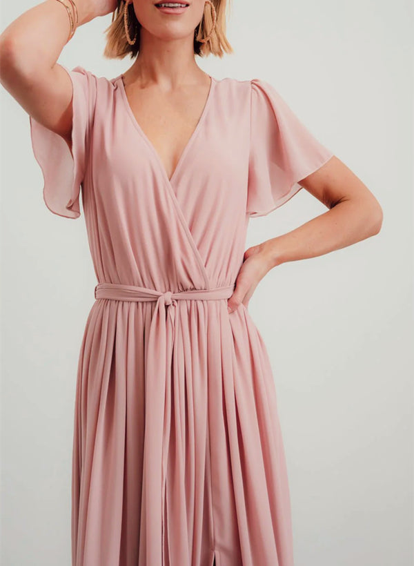 A-Line V-neck Short Sleeves Chiffon Floor-Length Bridesmaid Dress With Bows