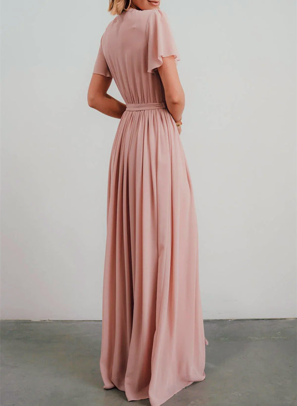 A-Line V-neck Short Sleeves Chiffon Floor-Length Bridesmaid Dress With Bows