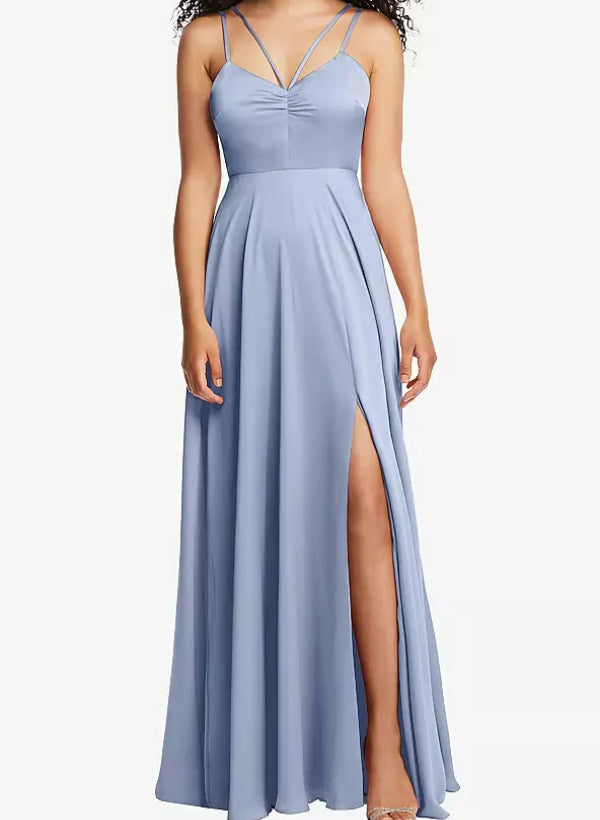 A-Line V-Neck Sleeveless Satin Floor-Length Bridesmaid Dress With Split Front