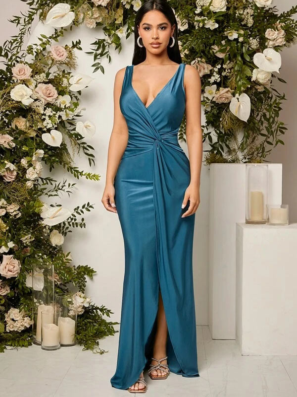 V-Neck Floor-Length Satin Bridesmaid Dress