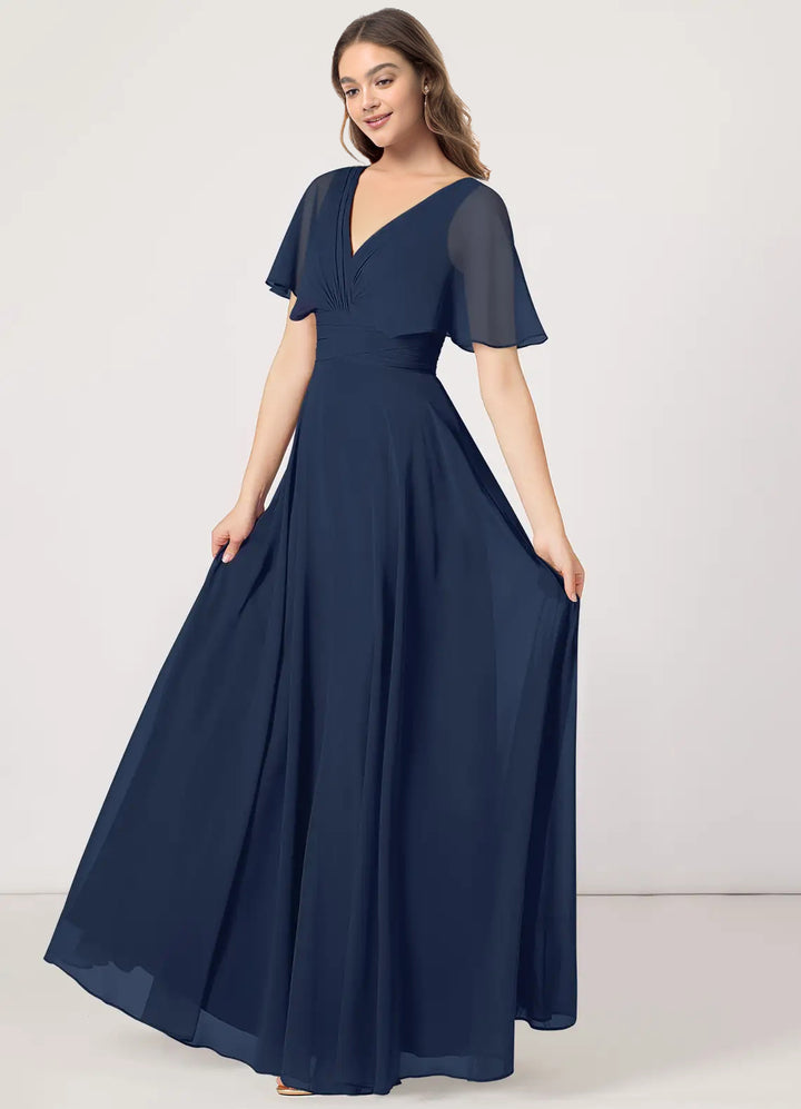 Chiffon Bridesmaid Dresses - V-Neck Short Sleeves