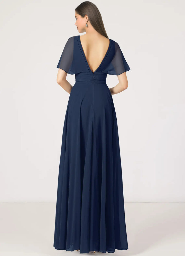 Chiffon Bridesmaid Dresses - V-Neck Short Sleeves