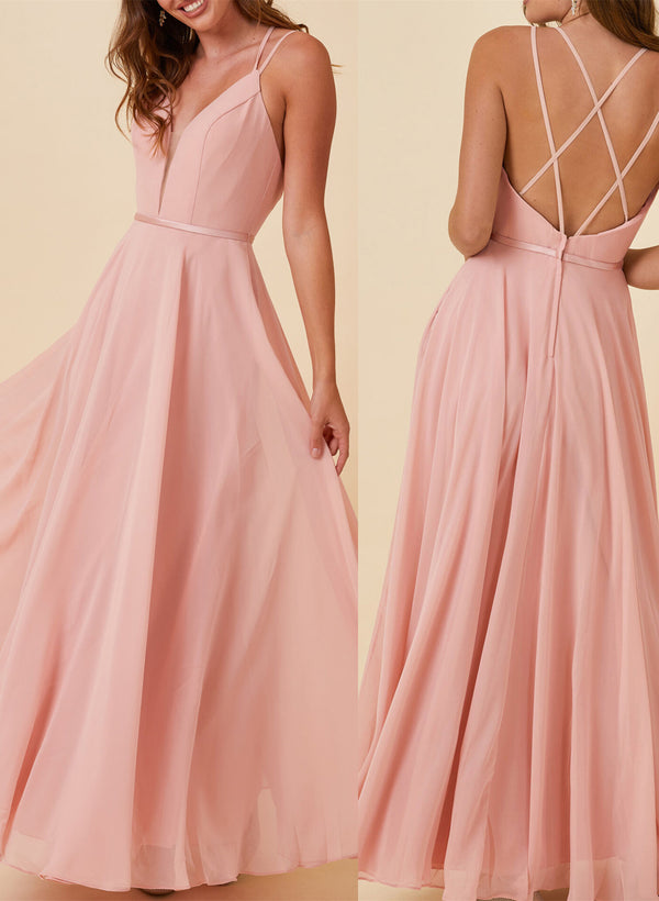 Pink Open Back A-Line Bridesmaid Dress With V-neck