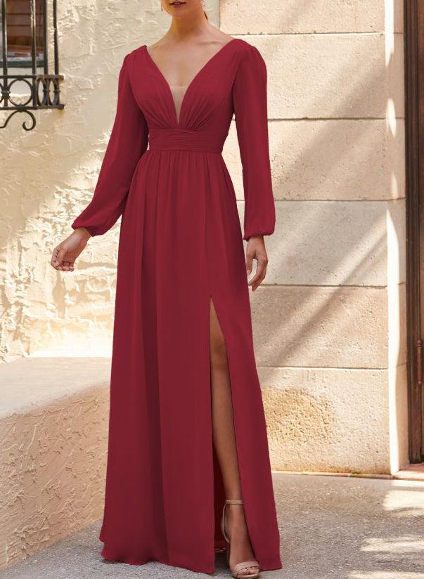 A-Line Bridesmaid Dresses With Split Front and Long Sleeves