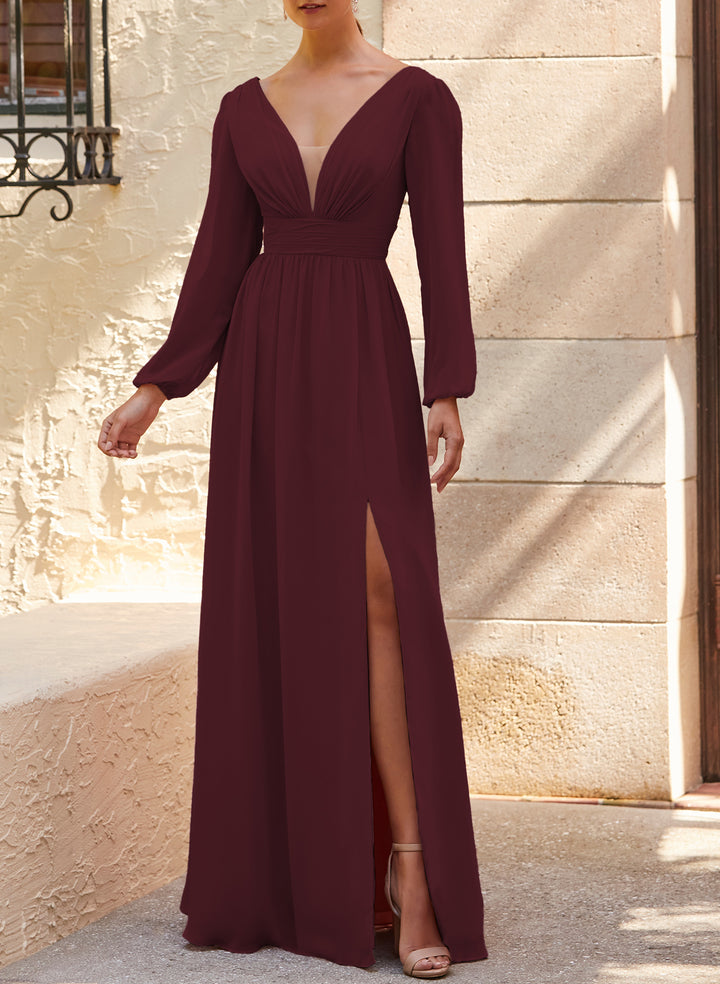 A-Line Bridesmaid Dresses With Split Front and Long Sleeves