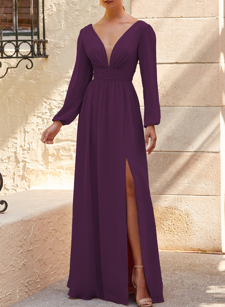 A-Line Bridesmaid Dresses With Split Front and Long Sleeves