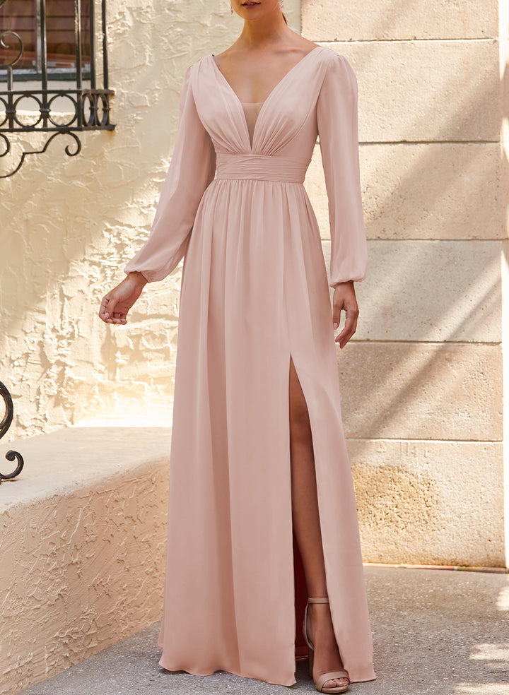 A-Line Bridesmaid Dresses With Split Front and Long Sleeves