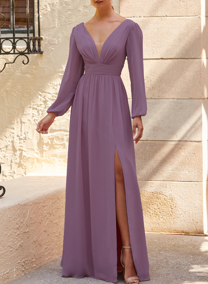 A-Line Bridesmaid Dresses With Split Front and Long Sleeves