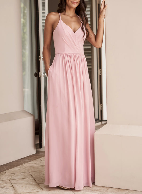 Chiffon Back Hole V-neck Bridesmaid Dresses