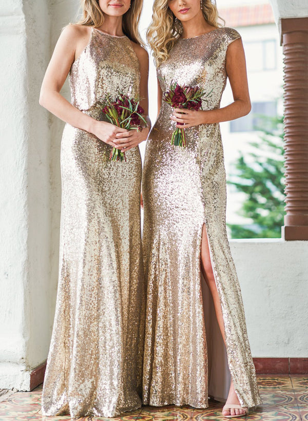 Champagne Sequins Open Back Bridesmaid Dresses Trumpet/Mermaid