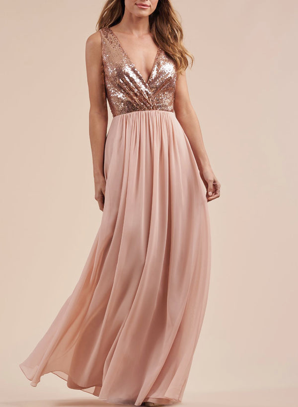 Rose Gold Sequins V-Neck Bridesmaid Dresses A-Line