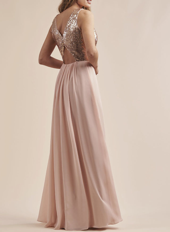 Rose Gold Sequins V-Neck Bridesmaid Dresses A-Line