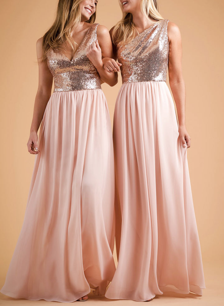 Rose Gold Sequins V-Neck Bridesmaid Dresses A-Line