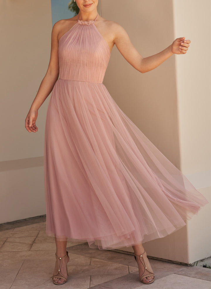 Short Tulle Bridesmaid Dresses With Open Back And Pleated