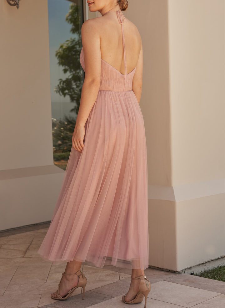 Short Tulle Bridesmaid Dresses With Open Back And Pleated