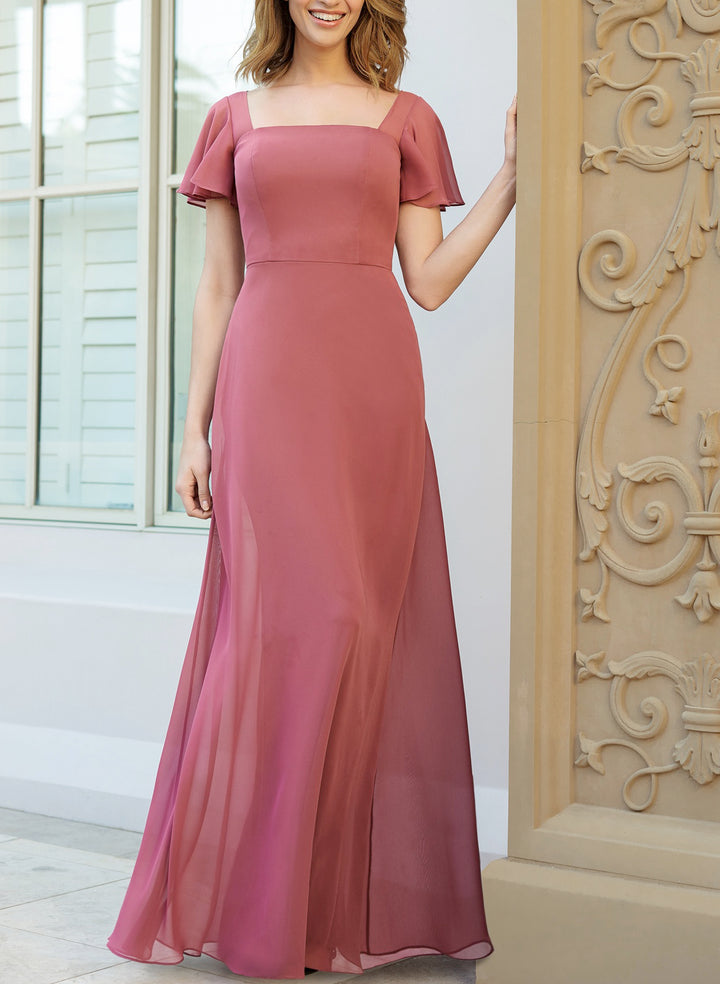 Chiffon Bridesmaid Dresses with Square Neckline and Short Sleeves