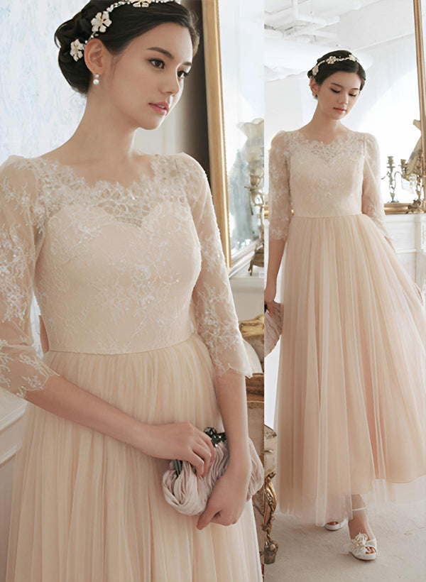 A-Line Princess 3/4 Sleeve Scoop Neck Ankle-Length Tulle Bridesmaid Dresses Lace Pleated