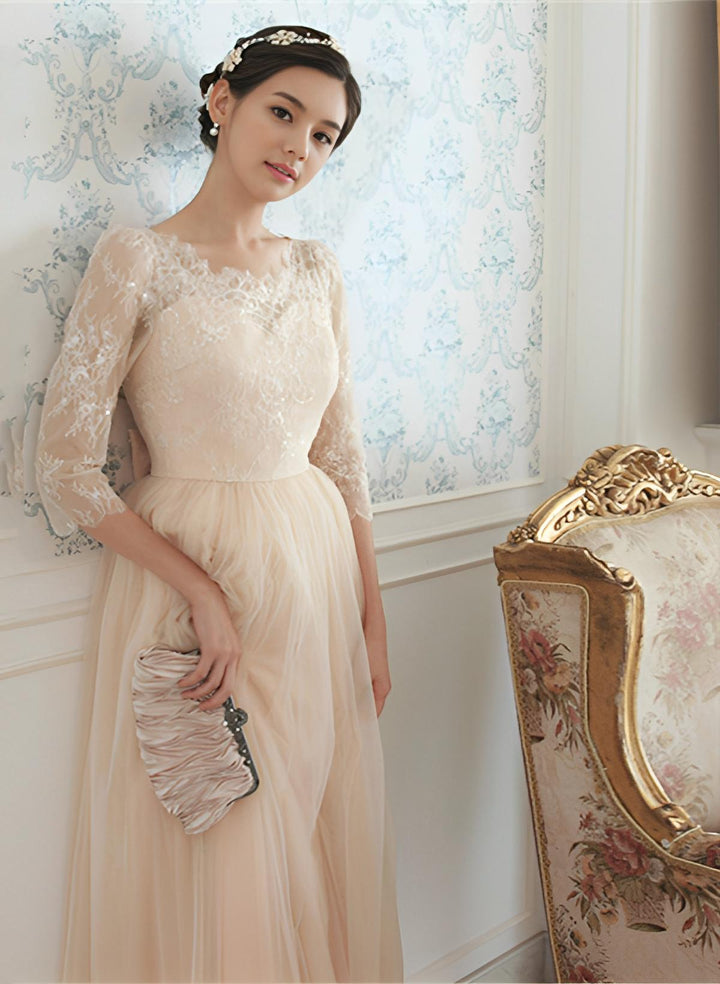 A-Line Princess 3/4 Sleeve Scoop Neck Ankle-Length Tulle Bridesmaid Dresses Lace Pleated