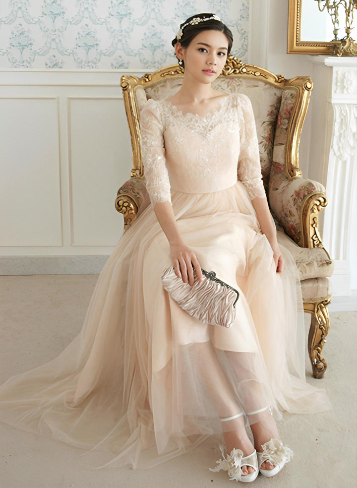 A-Line Princess 3/4 Sleeve Scoop Neck Ankle-Length Tulle Bridesmaid Dresses Lace Pleated