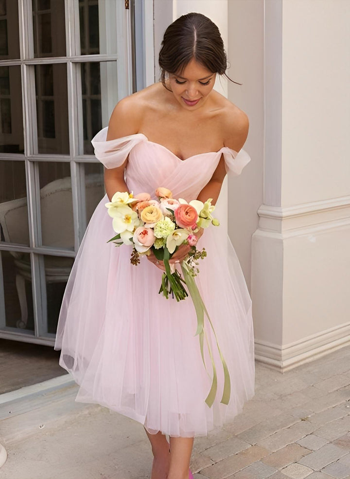 Off-The-Shoulder Knee-Length Bridesmaid Dresses With Ruffle