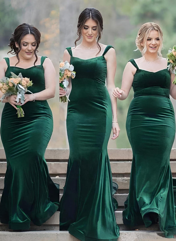 Square Neckline Trumpet/Mermaid Velvet Bridesmaid Dresses with Sweep Train