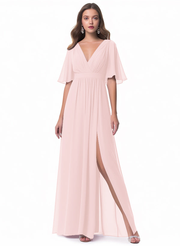 V-neck Chiffon Bridesmaid Dress with A-Line Sleeves