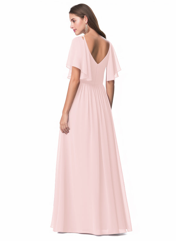 V-neck Chiffon Bridesmaid Dress with A-Line Sleeves