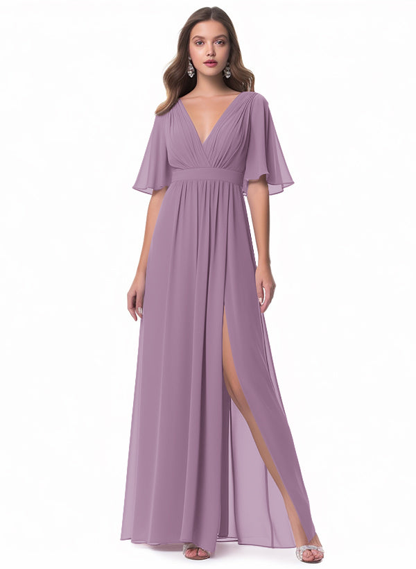 V-neck Chiffon Bridesmaid Dress with A-Line Sleeves