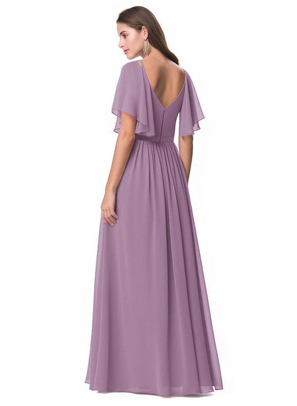 V-neck Chiffon Bridesmaid Dress with A-Line Sleeves