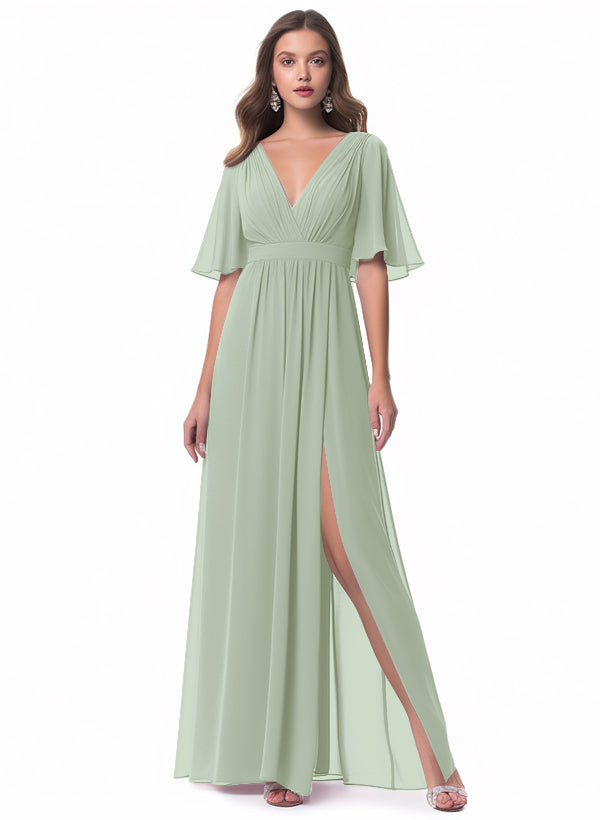 V-neck Chiffon Bridesmaid Dress with A-Line Sleeves