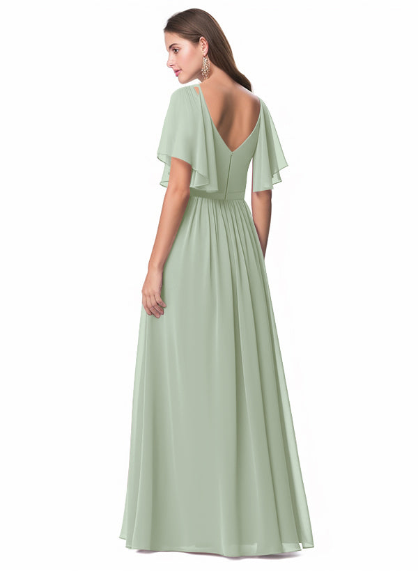 V-neck Chiffon Bridesmaid Dress with A-Line Sleeves