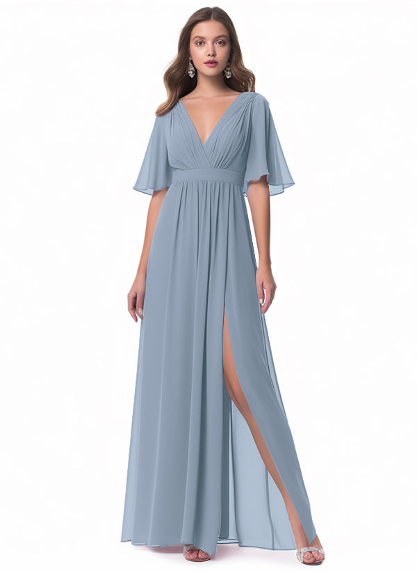 V-neck Chiffon Bridesmaid Dress with A-Line Sleeves