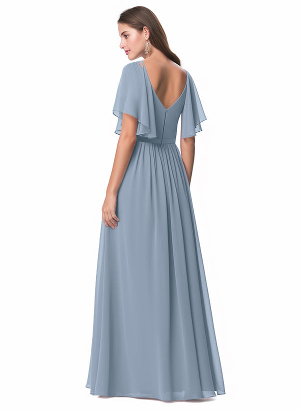 V-neck Chiffon Bridesmaid Dress with A-Line Sleeves