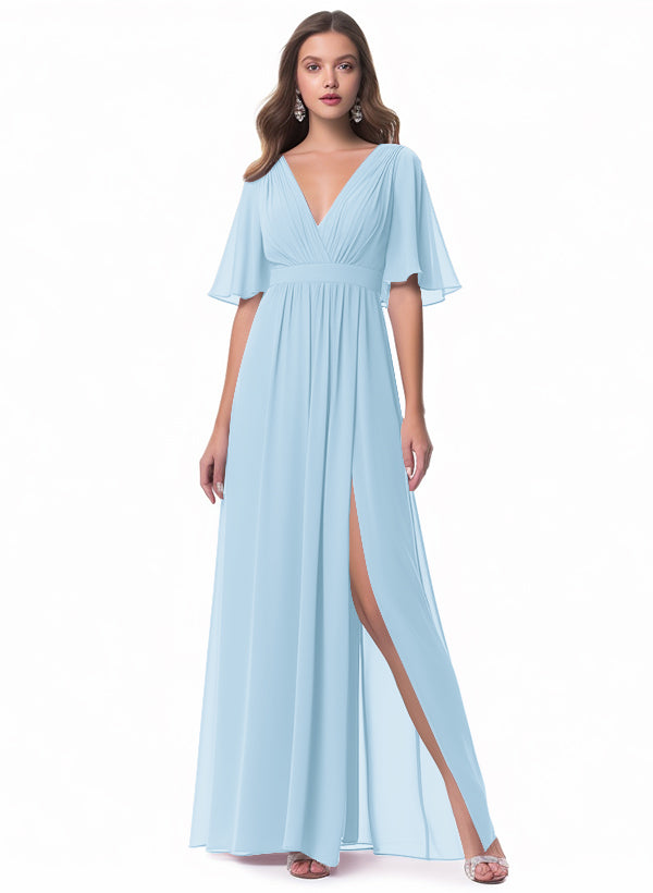 V-neck Chiffon Bridesmaid Dress with A-Line Sleeves