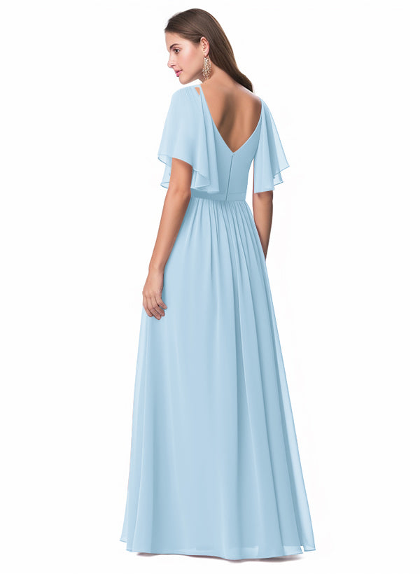 V-neck Chiffon Bridesmaid Dress with A-Line Sleeves