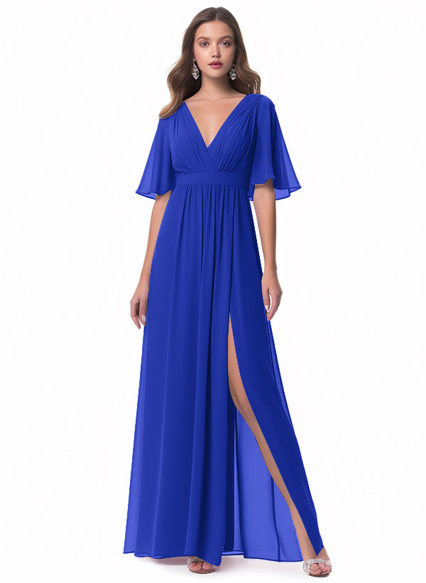 V-neck Chiffon Bridesmaid Dress with A-Line Sleeves