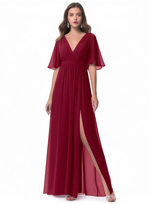 V-neck Chiffon Bridesmaid Dress with A-Line Sleeves