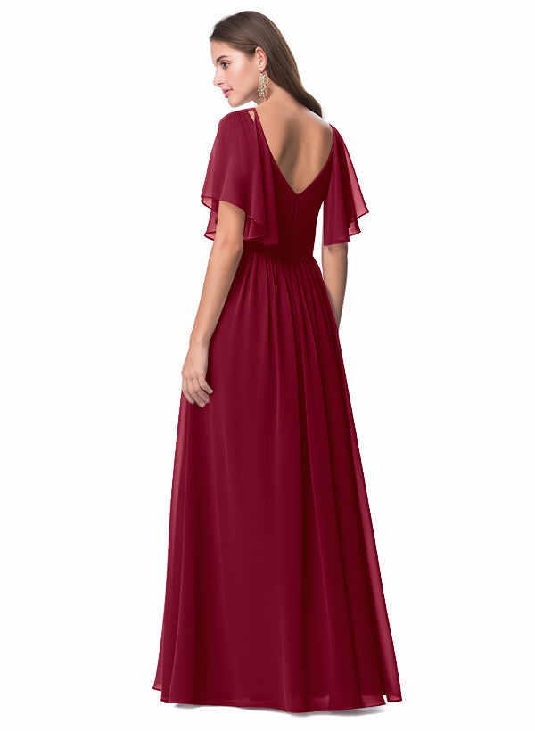 V-neck Chiffon Bridesmaid Dress with A-Line Sleeves