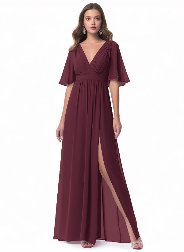 V-neck Chiffon Bridesmaid Dress with A-Line Sleeves