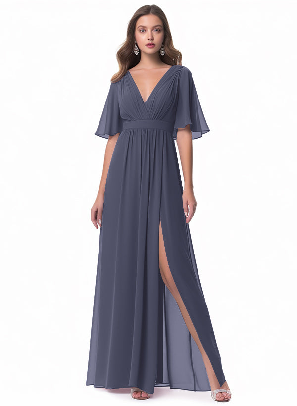 V-neck Chiffon Bridesmaid Dress with A-Line Sleeves