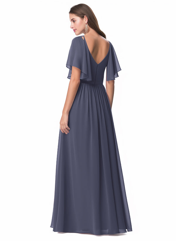 V-neck Chiffon Bridesmaid Dress with A-Line Sleeves