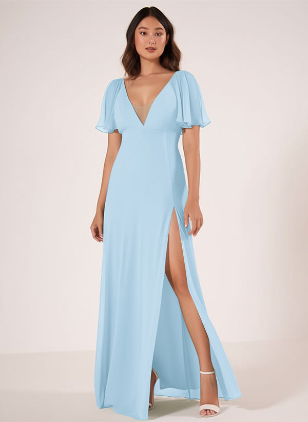 Short Sleeves V-neck Bridesmaid Dress Made of Chiffon