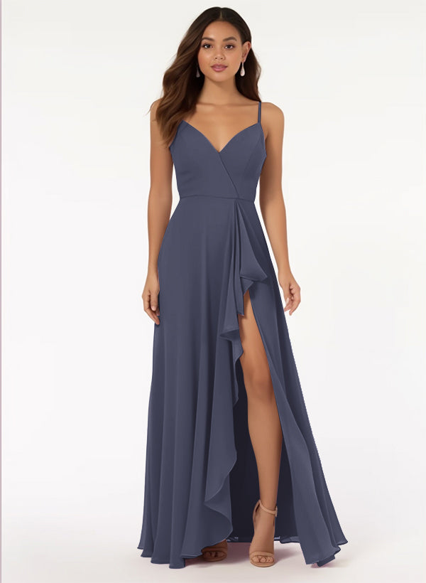 Bridesmaid Dress: V-Neck A-Line with Cascading Ruffles