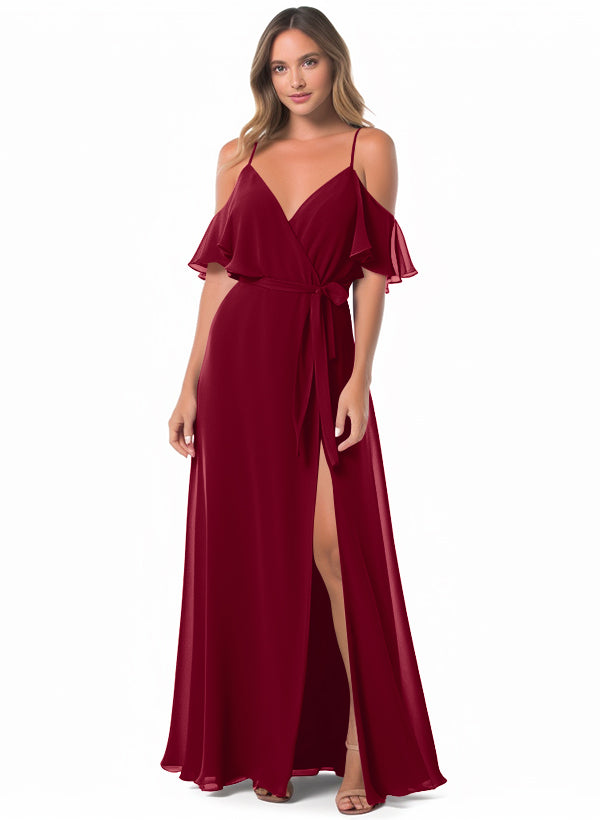 Off-The-Shoulder A-Line Bridesmaid Dresses with Short Sleeves and Split Front in Chiffon