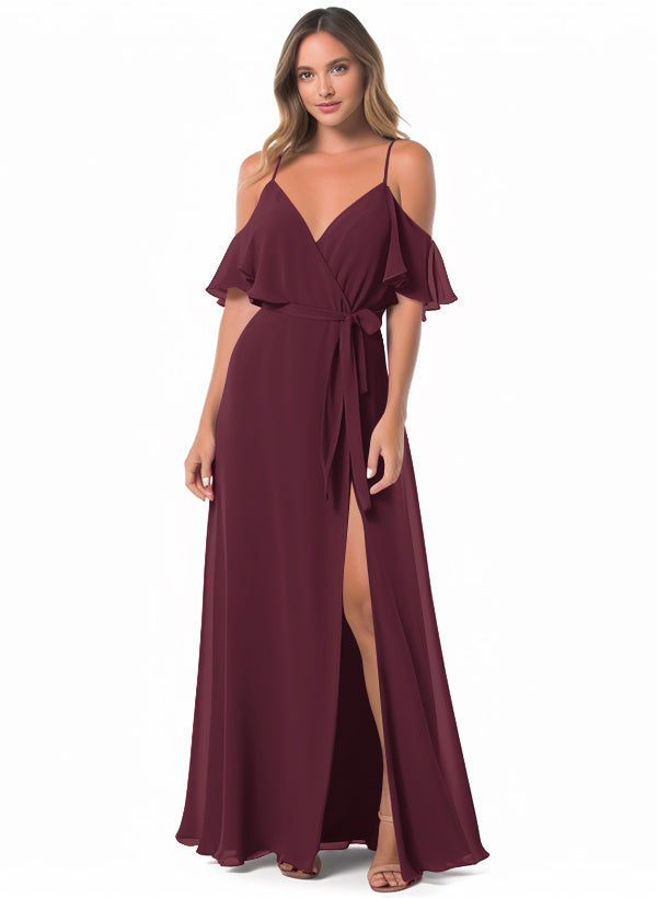 Off-The-Shoulder A-Line Bridesmaid Dresses with Short Sleeves and Split Front in Chiffon