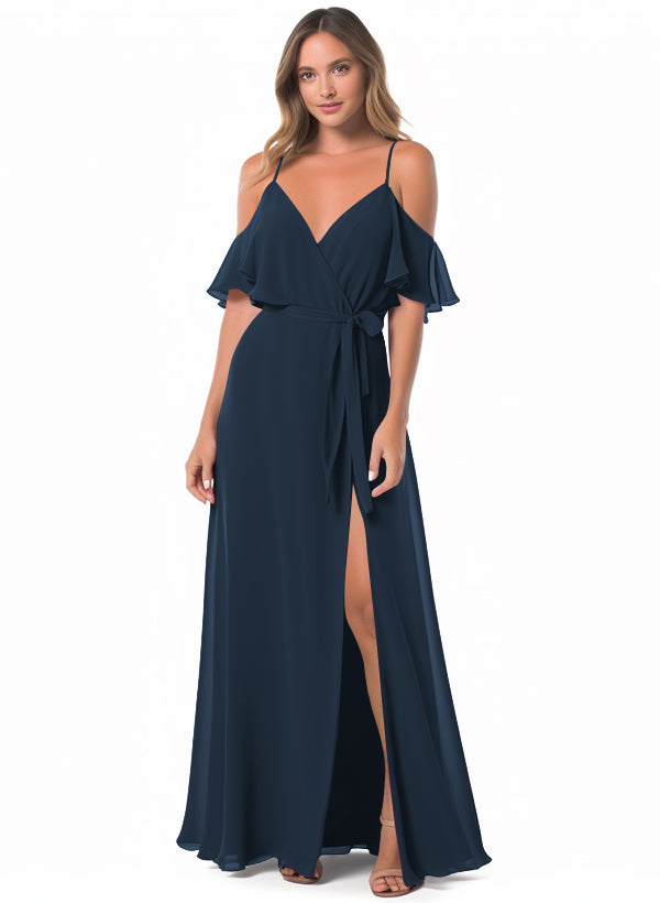 Off-The-Shoulder A-Line Bridesmaid Dresses with Short Sleeves and Split Front in Chiffon