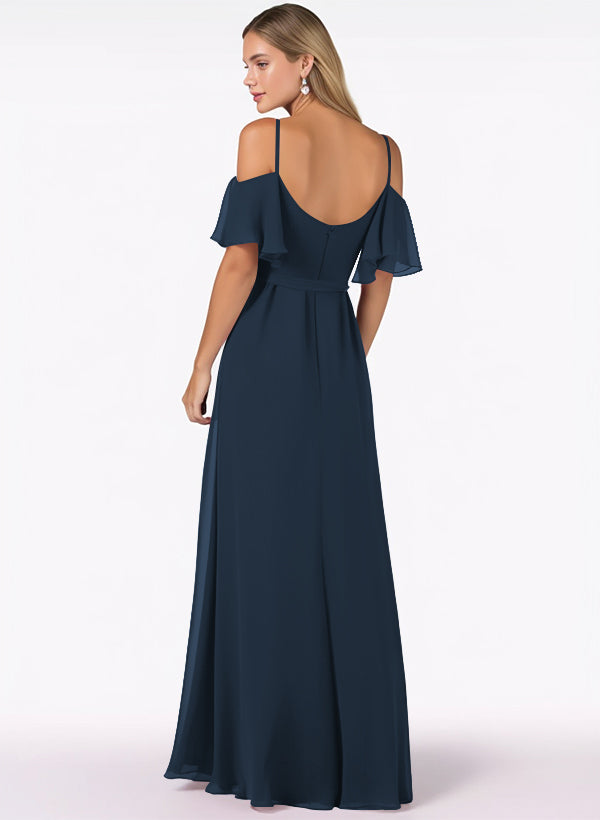 Off-The-Shoulder A-Line Bridesmaid Dresses with Short Sleeves and Split Front in Chiffon